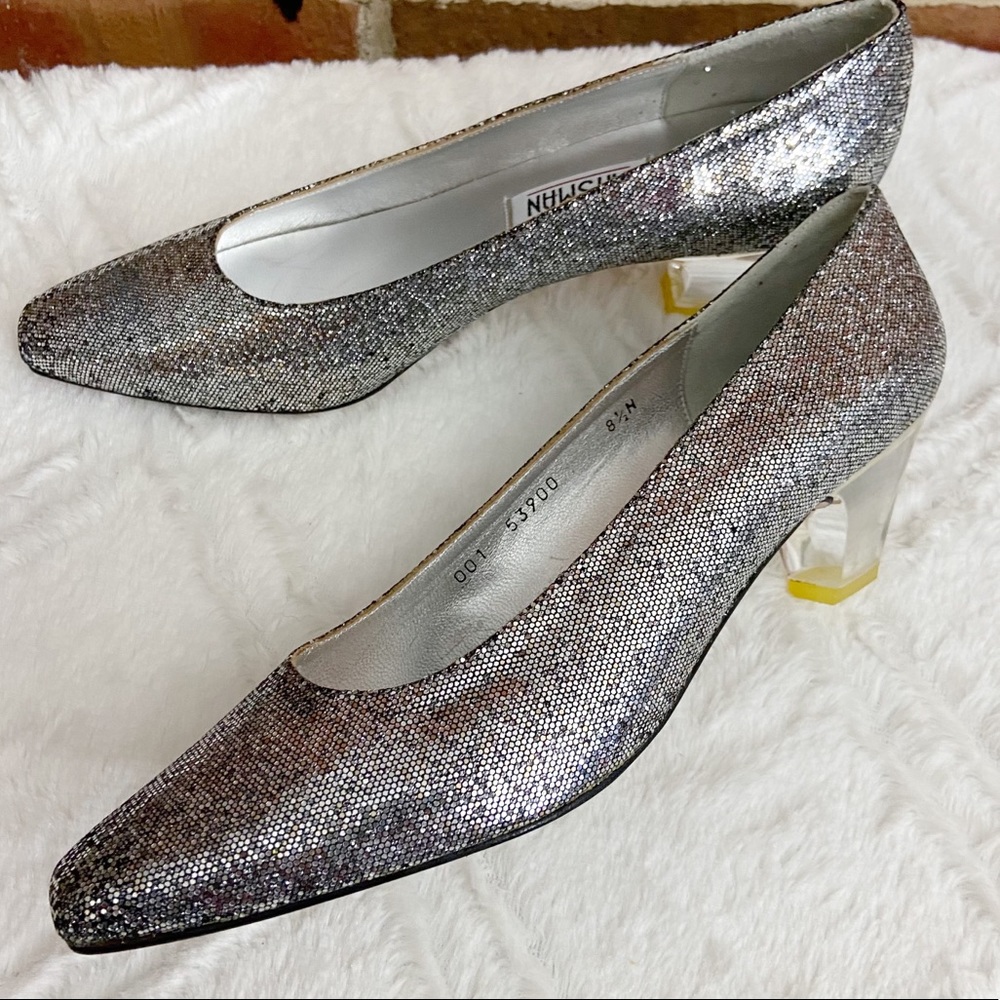 Vintage Timothy Hitsman Clear Heel Silver Disco Pumps Heels
